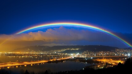 rainbow over lake colors natural reflection cloudy.