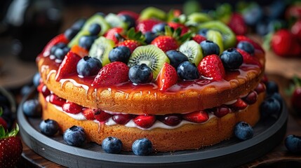 A beautifully arranged sugar-free cake, richly decorated with colorful fruits like strawberries, blueberries, and slices of kiwi on a rustic wooden table. 