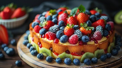 A beautifully arranged sugar-free cake, richly decorated with colorful fruits like strawberries, blueberries, and slices of kiwi on a rustic wooden table. 