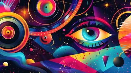 Fototapeta premium Colorful Abstract Futuristic Design Eye with Vibrant Geometric Shapes, Stars, and Space Elements - Perfect for Modern Art Prints and Tech-Inspired Graphics