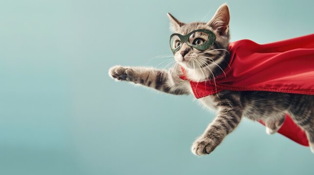 Flying Superhero Cat: A cat in a superhero pose with a mask and cape, appearing to fly against a light blue backdrop with copy space