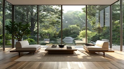 Fototapeta premium A wide angle view of a minimalist living room with floor-to-ceiling windows, wooden flooring, and a view of a serene garden