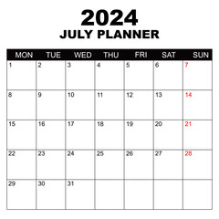July 2024 Calendar. Week starts on Monday. Blank Calendar Template. Fits Letter Size Page. Stationery Design. Simple set calendar 2024. Monthly calendar template.