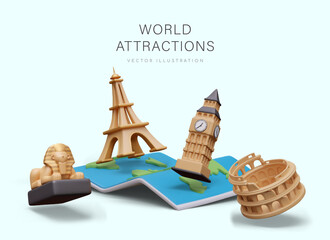 Huge world map, Colosseum, Eiffel Tower, Big Ben, Great Sphinx