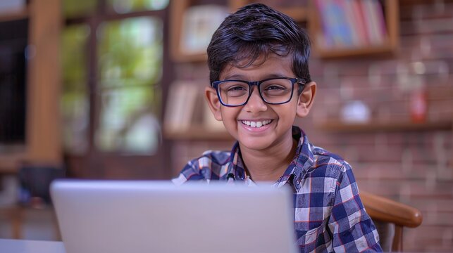 an attractive cute fair indian kid model A bright cute fair indian studing using laptop smile , stcok photo ,style raw , looking happy fully furnished luxary indoor room, 