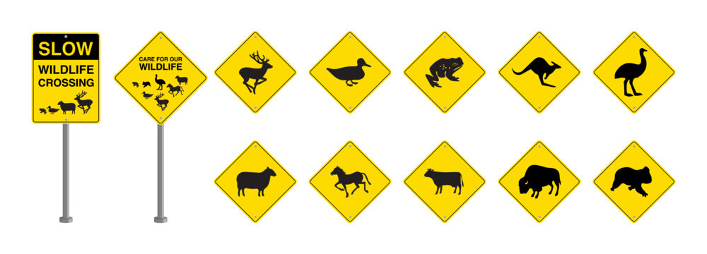 Slow Wildlife Crossing Sign. Animal Crossing Traffic Sign. Warning for Deer, Duck, Frog, Sheep, Horse, Cattle, Koala, Kangaroo, Emu, Bison, and Cow on the Road. Traffic Sign Vector.