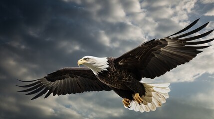 Obraz premium US Independence Day July 4th, a soaring bald eagle against a daytime cloudy sky. AI generated.
