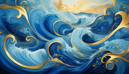 Stunning Abstract Art Featuring Blue and Gold Swirls Mimicking an Ocean Scene