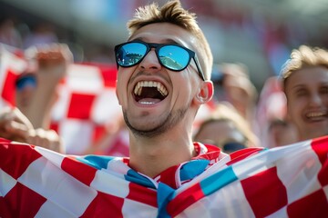 Individual wrapped in checkered sports team flag, with face blurred out