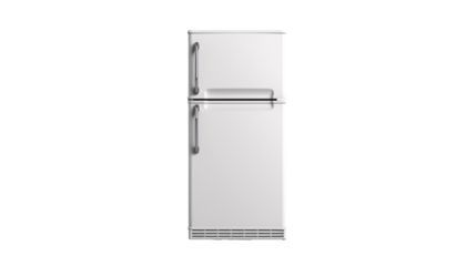 a white refrigerator with silver handles