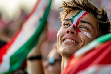The back of a person's head with a blurred face, in front of a flag at an outdoor event