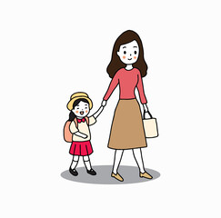 Fototapeta premium little girl holding hand with mother and go to school together, hand drawn style vector illustration