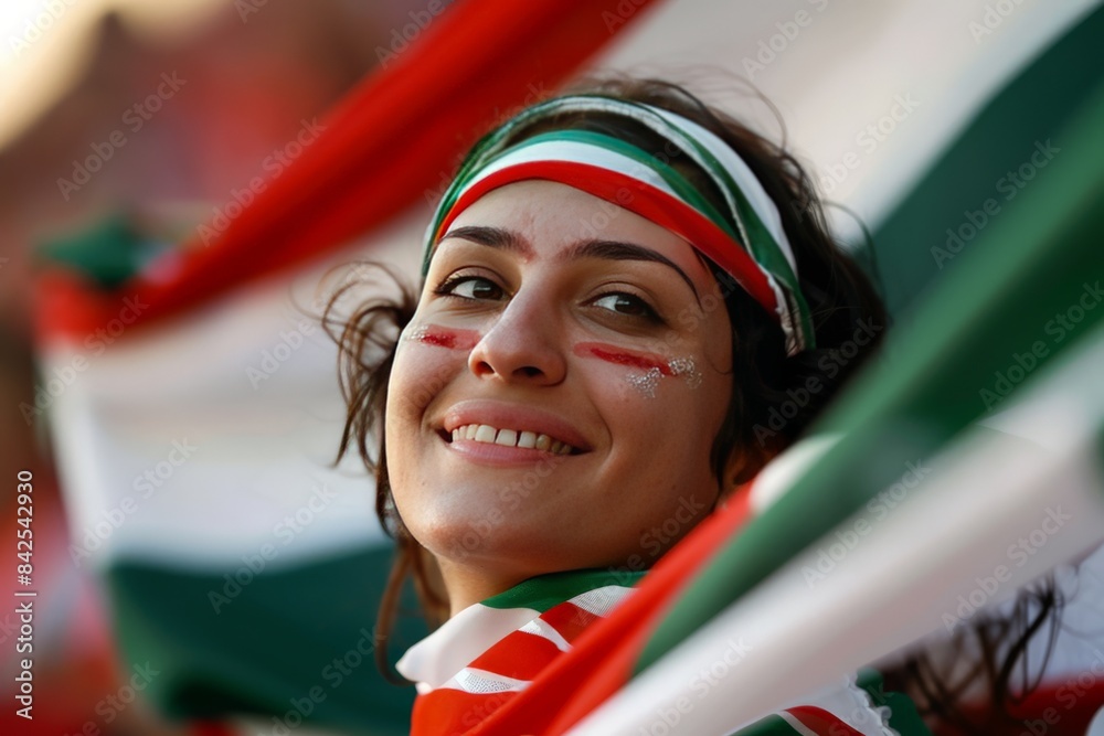 Wall mural a youthful woman looks upwards with a hopeful expression, draped in her national flag at a sports ev