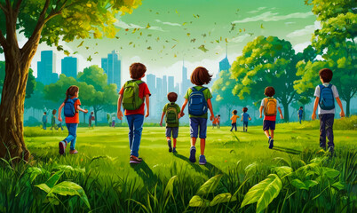 group of children playing soccer on the field