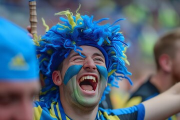 A joyful and laughing sports fan with blue face paint and a wig, caught in a moment of pure happiness