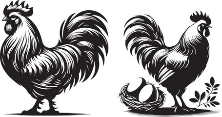 Hen farm chicken silhouette for farm industry effect vector illustration.