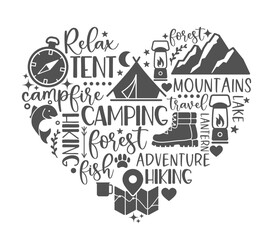 Composition of inscriptions and pictures in the heart shape on the theme of hiking and outdoor recreation