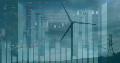 Image of graphs and financial data over wind turbine