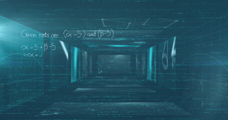 Image of mathematical equations floating over screens with data processing