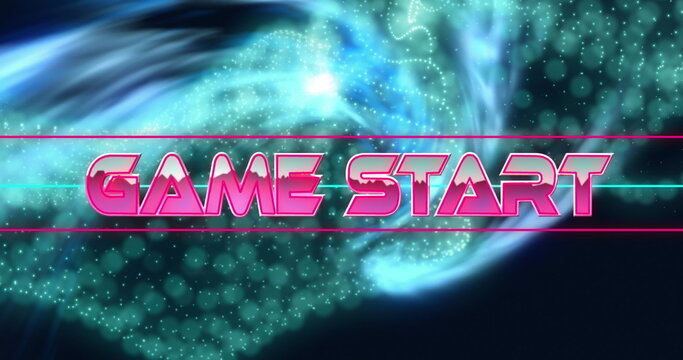 Image of game start text between lines over dots forming dynamic waves on black background