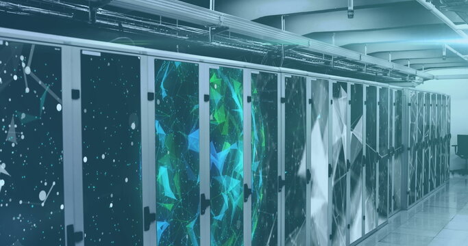 Image of interface with data processing and plexus networks against computer server room - Powered by Adobe