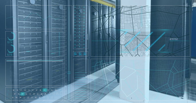 Image of interface with data processing against computer server room