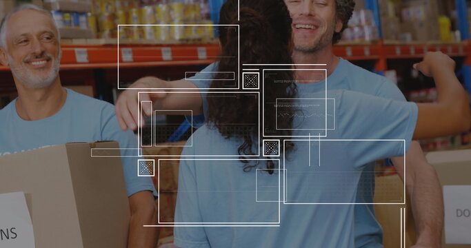 Image of data processing over diverse male and female volunteers hugging each other at warehouse