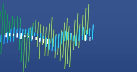 Image of statistical data processing against blue background, copy space