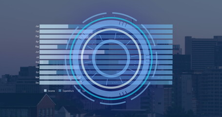 Obraz premium Image of data processing over scope scanning and cityscape