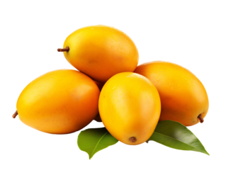 a group of yellow mangoes with green leaves