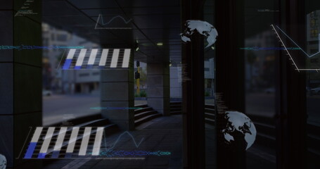 Image of globes and data processing over city, copy space