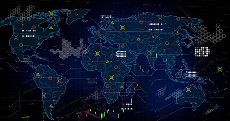 Image of statistics and data processing over world map, copy space
