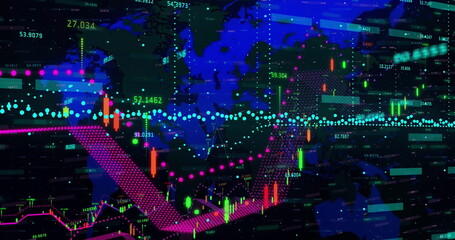 Image of financial data processing over world map, copy space