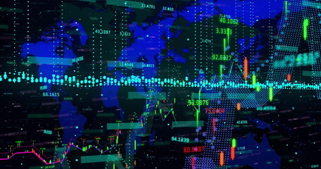 Image of financial data processing over world map, copy space