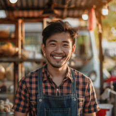 young adult Asian Business owner working infront of their shop smiling during sunrise 