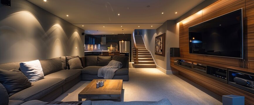 A basement renovation turning a dark, unused space into a modern entertainment room