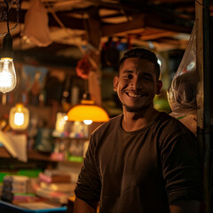 Fototapeta premium young adult Latin Business owner working in their shop happy during midnight 