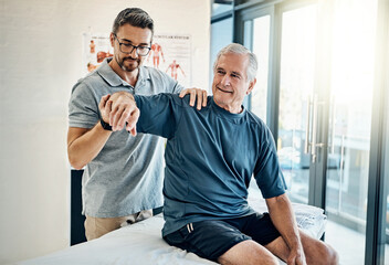 Physiotherapy, chiropractor and senior man with shoulder pain for rehabilitation, consulting and...