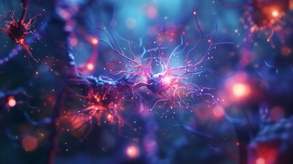 Neuron cells sending electrical chemical signals. Realistic shot of An illustration showing the closeup view of an isolated neurons with colorful lighting and detailed textures, Medical reference