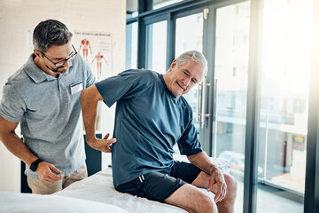 Physiotherapy, chiropractor and senior man with back pain for rehabilitation, consulting and exercise. Healthcare, physical therapy and person with patient for medical service, wellness and support