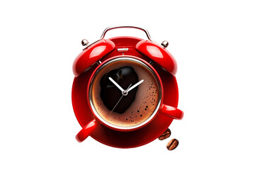 a red alarm clock with coffee in it