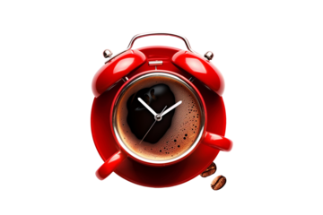 a red alarm clock with coffee in it