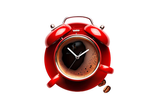a red alarm clock with coffee in it