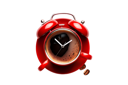 a red alarm clock with coffee in it