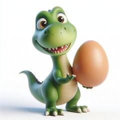 a 3D Full body  funny Dinosaur holding an egg in her hand, white background