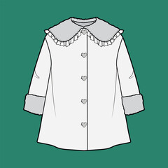 Girls Wool Coat Technical Fashion Flat Sketch Vector Template Design 2D CAD