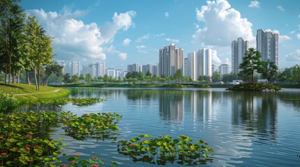 Realistic images, smart cities, high-rise buildings, parks, greenery, lakes, realistic rendering, high-definition large images , 