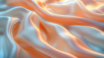 Close-Up of Shimmering Orange and White Silk Fabric with Elegant Folds and Soft Waves