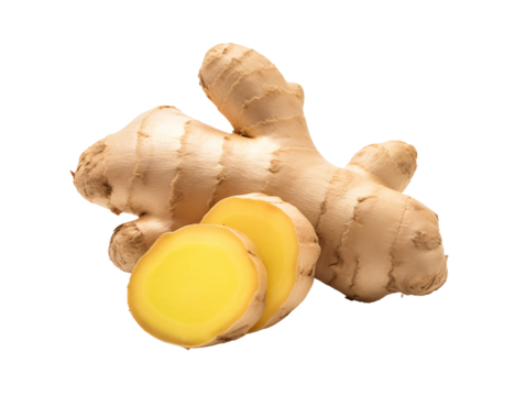 a ginger root and a slice of ginger
