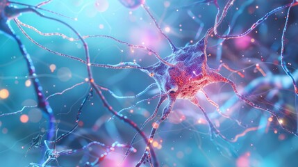 Neuron cells sending electrical chemical signals. Realistic shot of An illustration showing the closeup view of an isolated neurons with colorful lighting and detailed textures, Medical reference